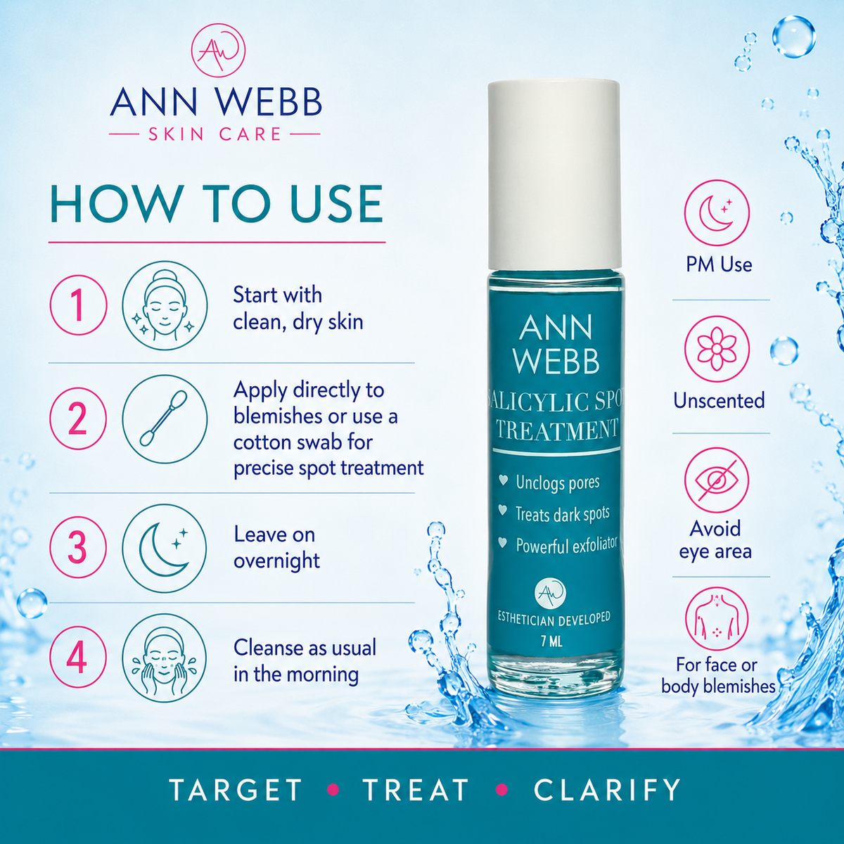 Ann Webb Salicylic Acid Treatment bottle shown on a light blue water-themed background with usage instructions on the left and product claims on the right.