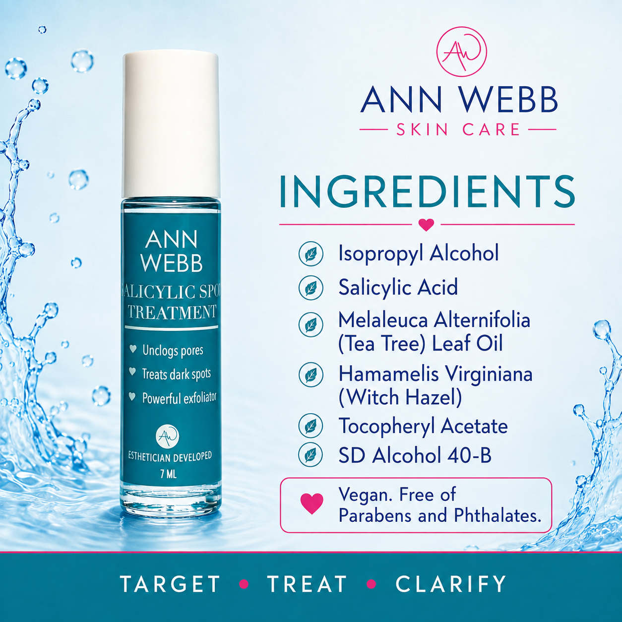 Ann Webb Salicylic Acid Treatment bottle shown on a light blue water-splash background with a large Ingredients panel listing components such as isopropyl alcohol, salicylic acid, tea tree leaf oil, witch hazel, and SD Alcohol 40-B.