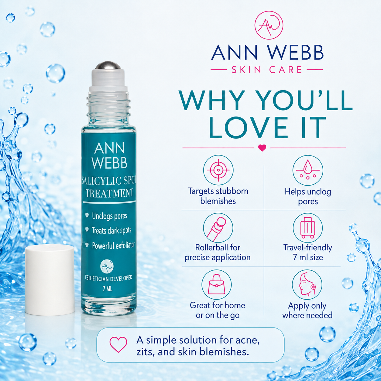 Ann Webb Salicylic Spot Treatment rollerball bottle with its white cap beside it, set against a light blue water splash background with product benefits text and icons.