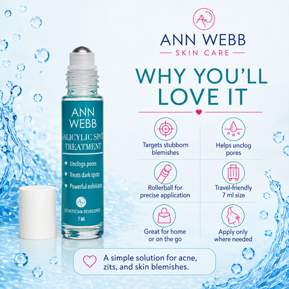 Ann Webb Salicylic Spot Treatment rollerball bottle with its white cap beside it, set against a light blue water splash background with product benefits text and icons.