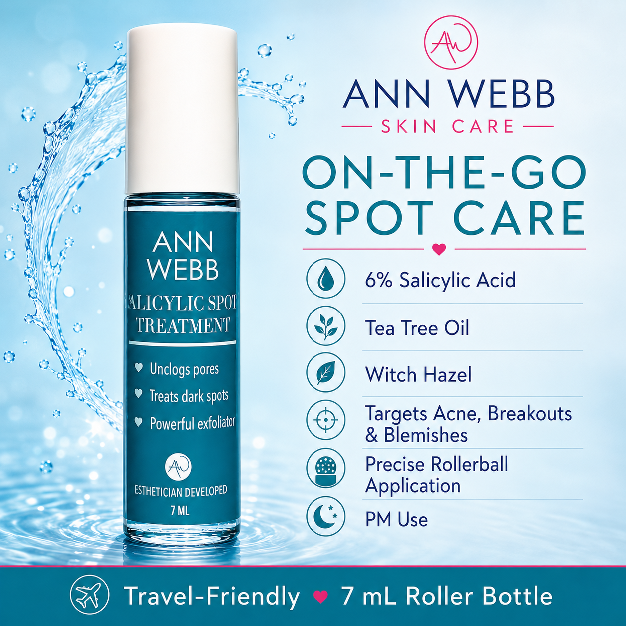 Ann Webb Skin Care On-the-Go Spot Care rollerball bottle with a white cap and blue label, shown on a light blue water splash background with product features listed on the right.
