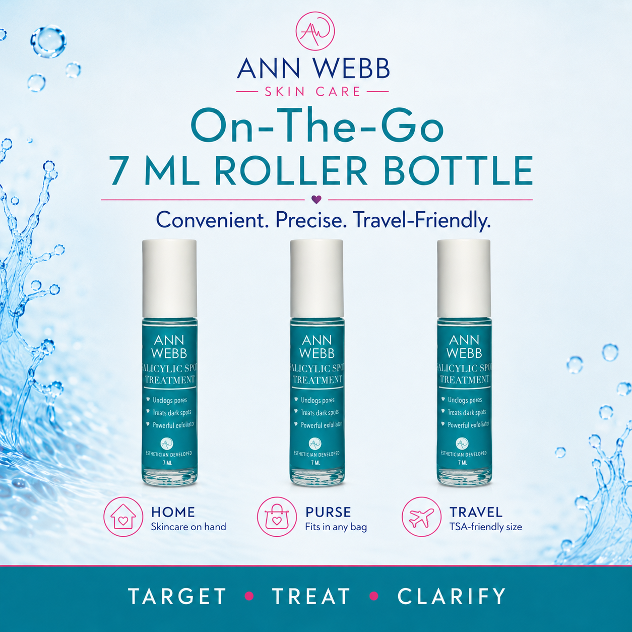 Three Ann Webb Skin Care 7 ml roller bottles displayed on a light blue water-splash background with promotional text reading 'On-The-Go 7 ML ROLLER BOTTLE' and feature labels below.