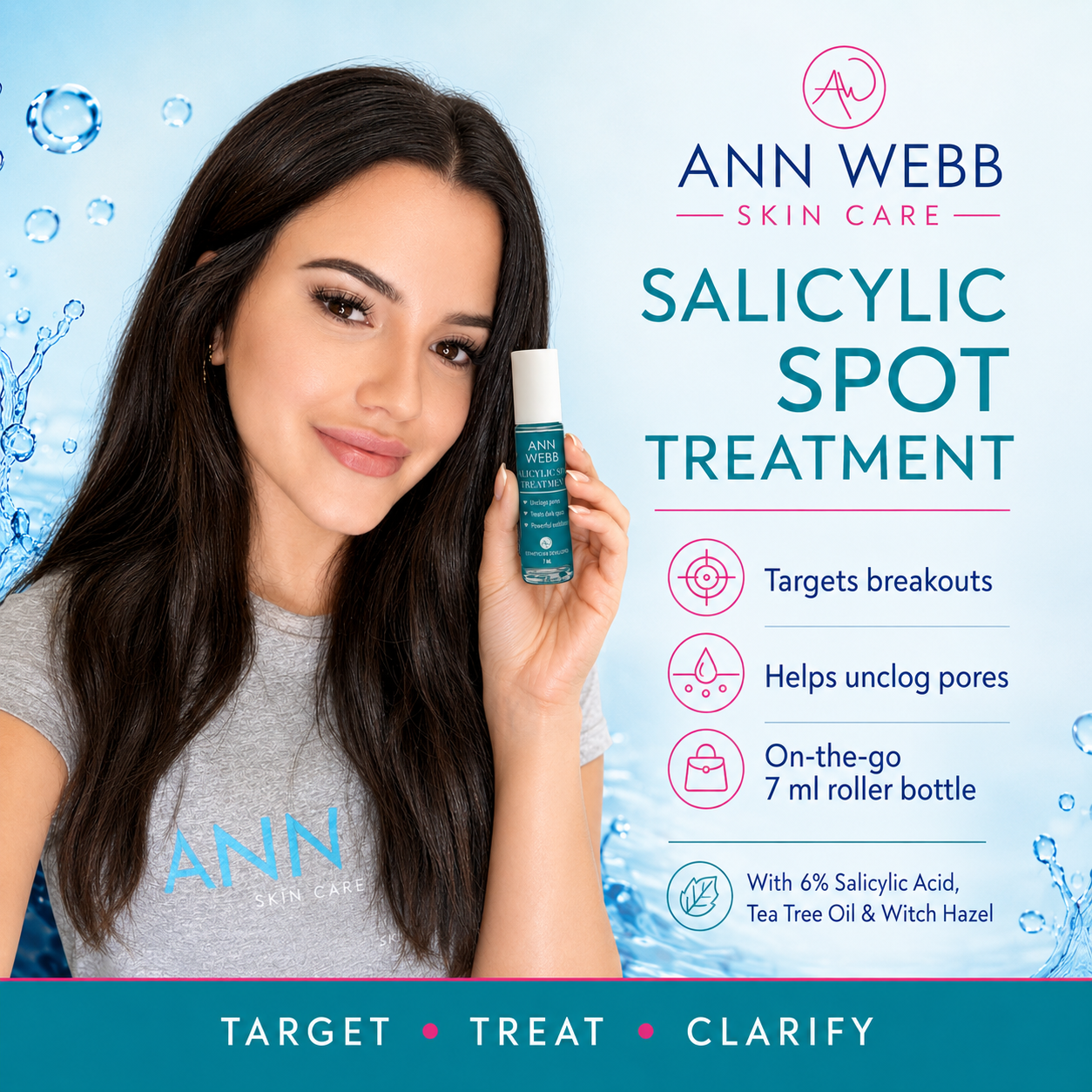 A woman holds a small Ann Webb Skin Care roller bottle next to a large promotional graphic for Salicylic Spot Treatment on a light blue water-themed background.