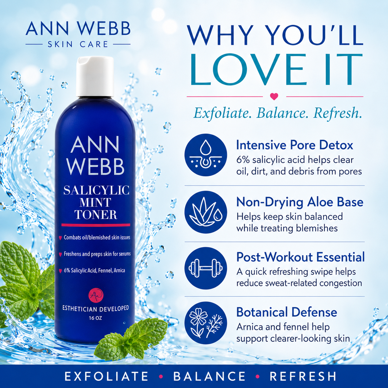 An advertisement for Ann Webb Salicylic Mint Toner, showing a 16 oz blue bottle on a water splash background with text highlighting benefits like intensive pore detox and non-drying aloe base.