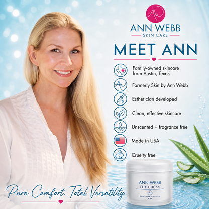 Promotional graphic for Ann Webb Skin Care featuring a smiling blonde woman on the left and a white jar of 'The Cream' on the bottom right. The right side includes product benefits icons and text under the brand name 'ANN WEBB SKIN CARE' and 'MEET ANN' on a light blue water-themed background with aloe leaves.