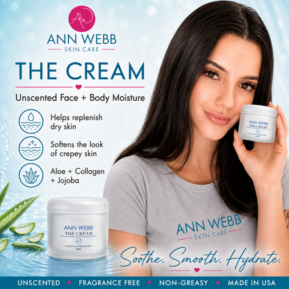 A promotional skincare ad for Ann Webb Skin Care 'The Cream' showing a woman holding a small jar of unscented face and body moisture, with a larger jar pictured at the bottom left. The ad includes marketing text and icons on a light blue background.