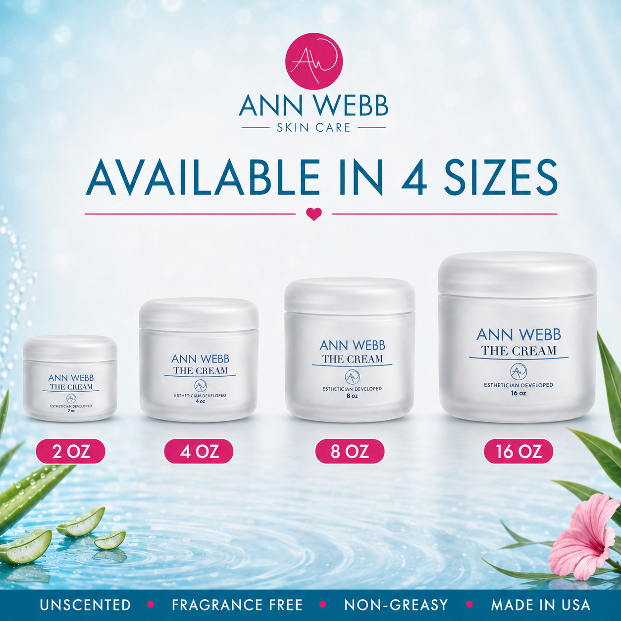 Ann Webb Skin Care cream jars shown in four sizes: 2 oz, 4 oz, 8 oz, and 16 oz. The image features four white plastic jars with blue text, set against a light blue water splash background with aloe vera slices and a pink hibiscus flower.