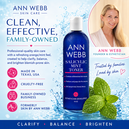 Ann Webb Salicylic Mint Toner bottle on a water-splash background with mint leaves, alongside a portrait of Ann Webb and marketing text about clean, effective, family-owned skin care.