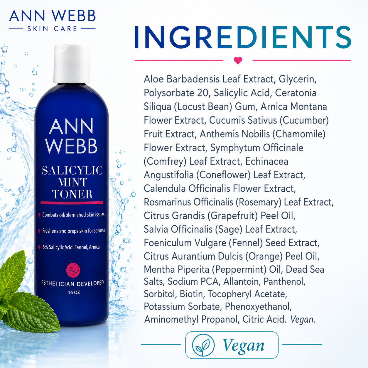 An advertisement for Ann Webb Salicylic Mint Toner, showing a blue bottle on the left and a list of ingredients on the right against a white background.