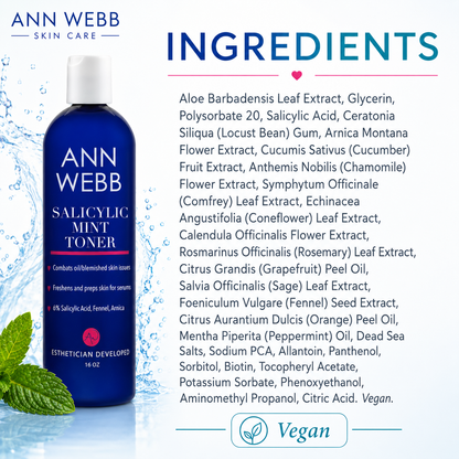 An advertisement for Ann Webb Salicylic Mint Toner, showing a blue bottle on the left and a list of ingredients on the right against a white background.