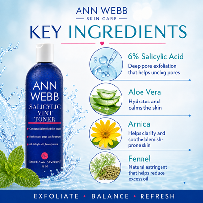Ann Webb Salicylic Mint Toner bottle shown on a light blue skincare marketing graphic with ingredient callouts for salicylic acid, aloe vera, arnica, and fennel.