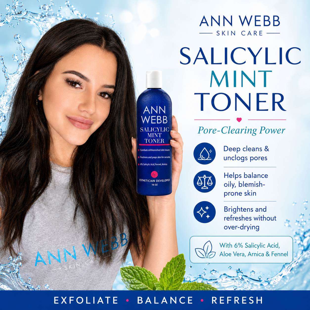 A woman holds a bottle of Ann Webb Salicylic Mint Toner against a bright blue water-themed background with product text and benefits. The bottle is dark blue with white text and a white cap.