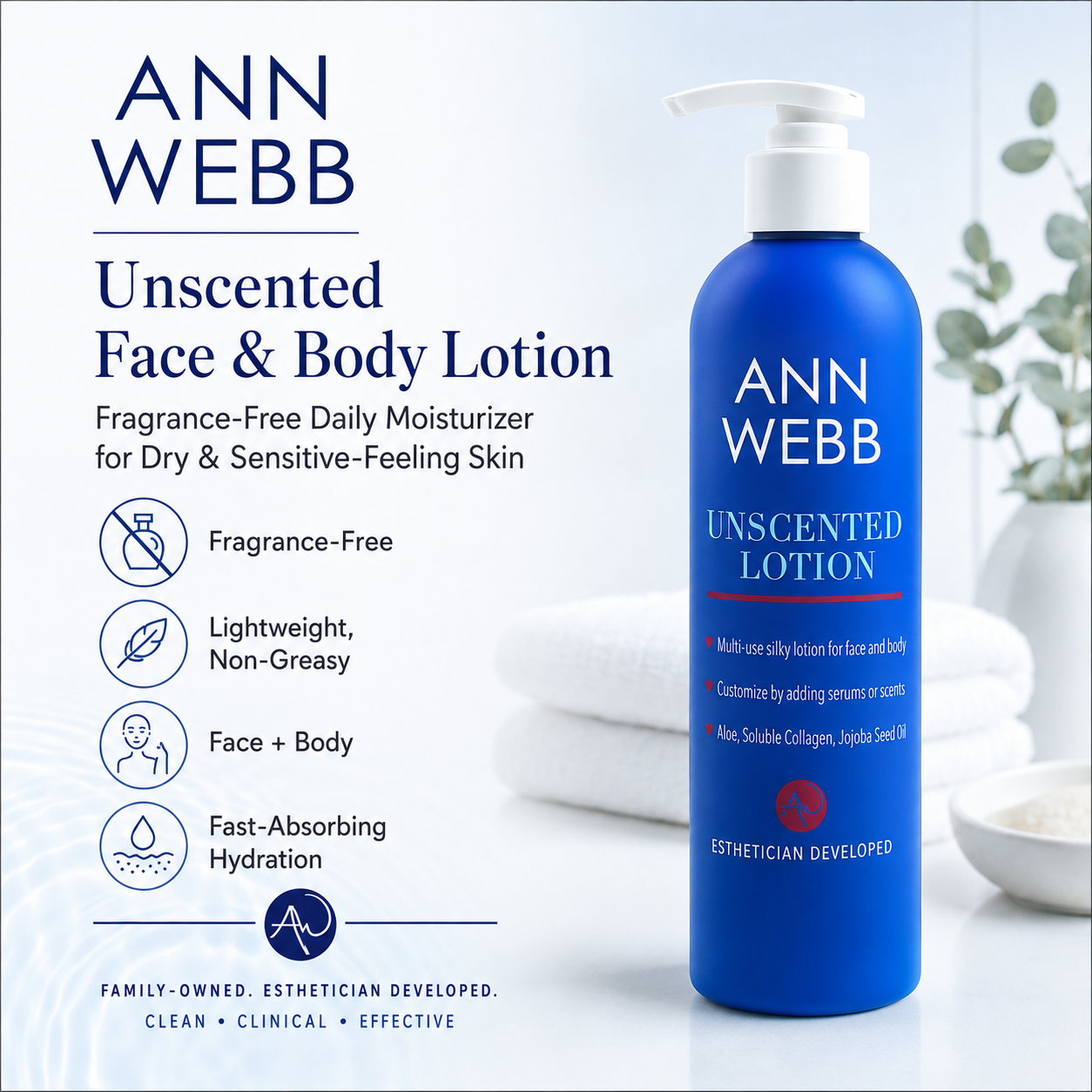 ANN WEBB Unscented Face & Body Lotion in a blue pump bottle, shown on a clean white background with product information text and icons on the left.