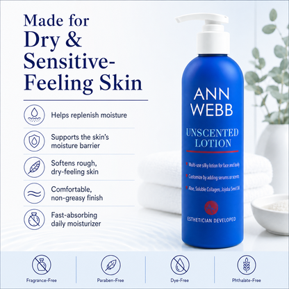 ANN WEBB Unscented Lotion in a blue pump bottle, presented on a clean white background with promotional text and icons highlighting benefits for dry and sensitive skin.