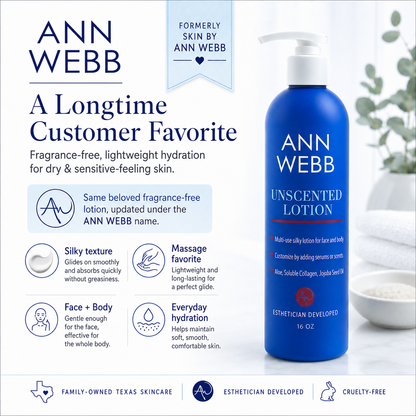 A bottle of Ann Webb Unscented Lotion shown on a clean promotional graphic background. The bottle is bright blue with white pump and label text, and the image includes product features, icons, and branding text.