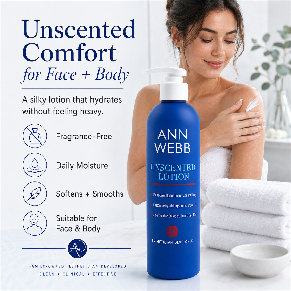 A woman wrapped in a white towel applies unscented lotion to her arm, with a large blue bottle of Ann Webb Unscented Lotion prominently displayed in the foreground. The left side features marketing text and icons describing the product as fragrance-free, daily moisturizing, and suitable for face and body.