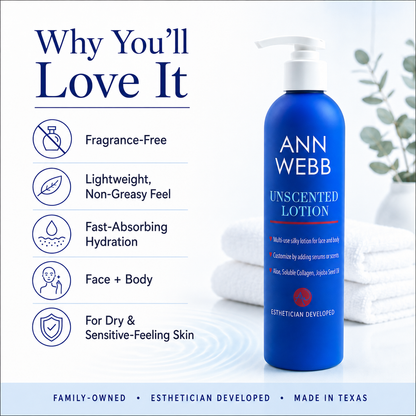 A blue Ann Webb Unscented Lotion bottle displayed on a light background with folded white towels and a plant, alongside marketing text listing benefits such as fragrance-free, lightweight, fast-absorbing hydration, and suitable for face and body.