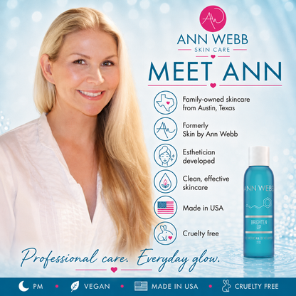 A promotional skincare ad featuring a smiling blonde woman on the left and a blue Ann Webb Skin Care Brighten UV serum bottle on the right, with text describing Ann Webb and product benefits against a light blue sparkling background.