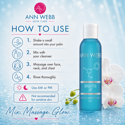 Ann Webb Skin Care Brighten Up sunscreen in a blue bottle, displayed next to a detailed 'How to Use' guide on a light blue water-themed background with white orchids.
