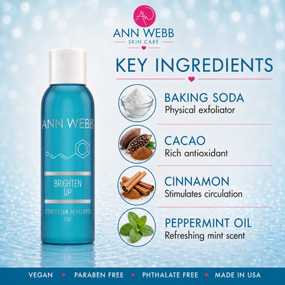 Ann Webb Skin Care Brighten Up facial toner bottle on a light blue water-textured background with ingredient callouts for baking soda, cacao, cinnamon, and peppermint oil.