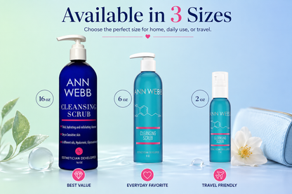 Three sizes of Ann Webb Cleansing Scrub bottles displayed on a light blue gradient background with decorative leaves, a flower, and a blue pouch. Text at the top reads 'Available in 3 Sizes' with labels for 16 oz, 6 oz, and 2 oz sizes and usage scenarios.