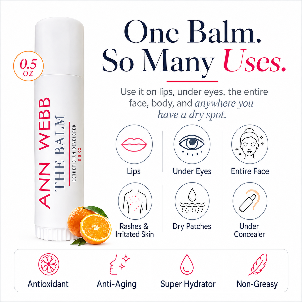 Ann Webb The Balm lip balm stick shown on a white background with promotional text and icons. The white balm tube has red and black lettering and is pictured next to sliced oranges.