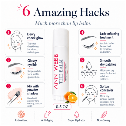 An infographic-style promotional graphic for Ann Webb The Balm lip balm. The center shows a white cylindrical tube of lip balm with red and black text, surrounded by six numbered callouts with illustrations and descriptions of beauty tips such as dewy cheek glow, glossy eyelids, powder shadow, lash-softening treatment, smooth water patches, and soften concealer.