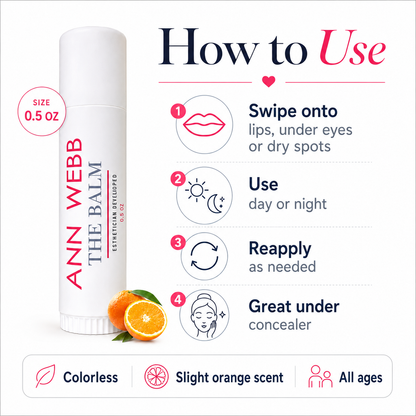 Ann Webb The Balm lip balm stick shown on a white background with usage instructions, icons, and product claims. The white tube has red and black text, and orange slices are pictured near the base.