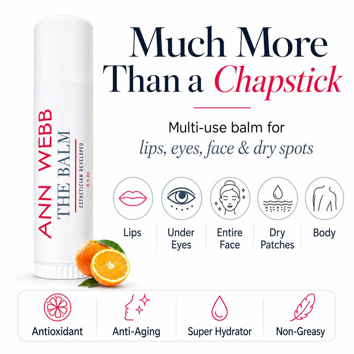 Ann Webb The Balm chapstick-style balm stick shown on a white background with promotional text, icons for lips, under eyes, entire face, dry patches, and body use, plus orange slices at the base.