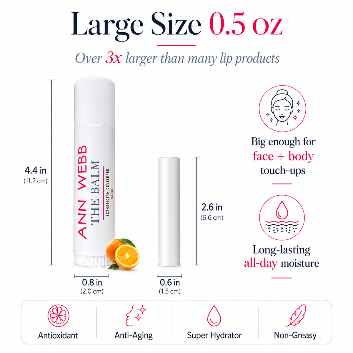 Ann Webb The Balm lip balm stick shown in a large size 0.5 oz container with a separate cap, featuring dimension labels, orange slices, and benefit icons on a white background.