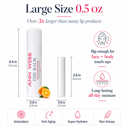 Ann Webb The Balm lip balm stick shown in a large size 0.5 oz container with a separate cap, featuring dimension labels, orange slices, and benefit icons on a white background.