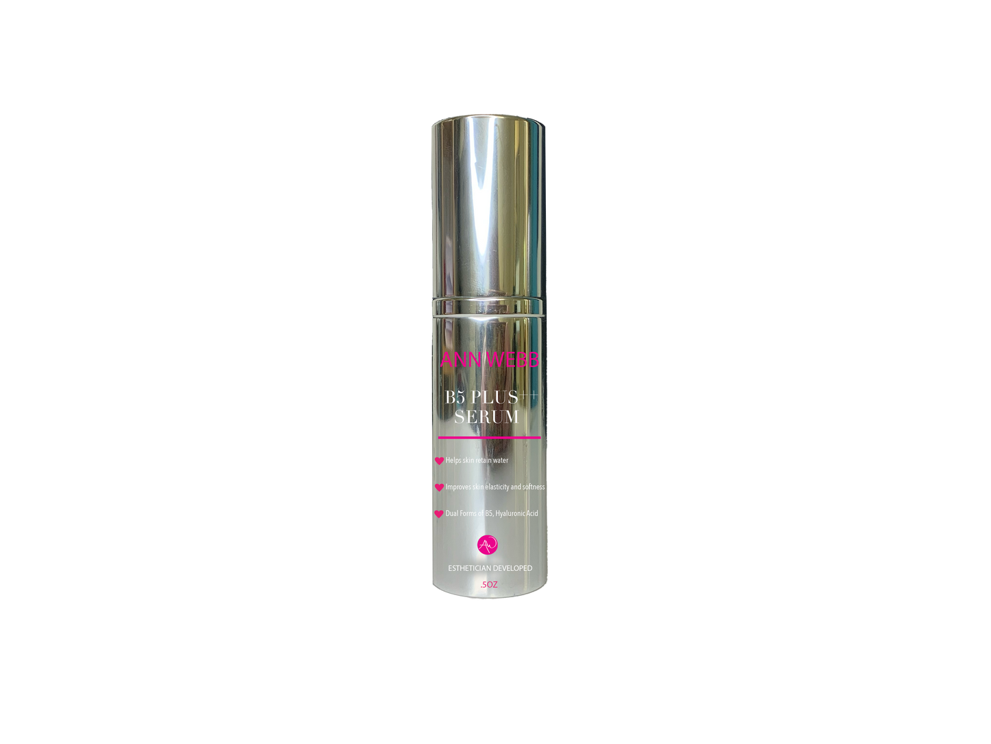 A silver cylindrical bottle of Answers B5 Plus Serum with pink and white text, centered on a plain white background.