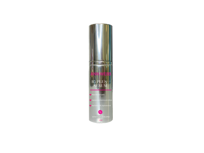 A silver cylindrical bottle of Answers B5 Plus Serum with pink and white text, centered on a plain white background.