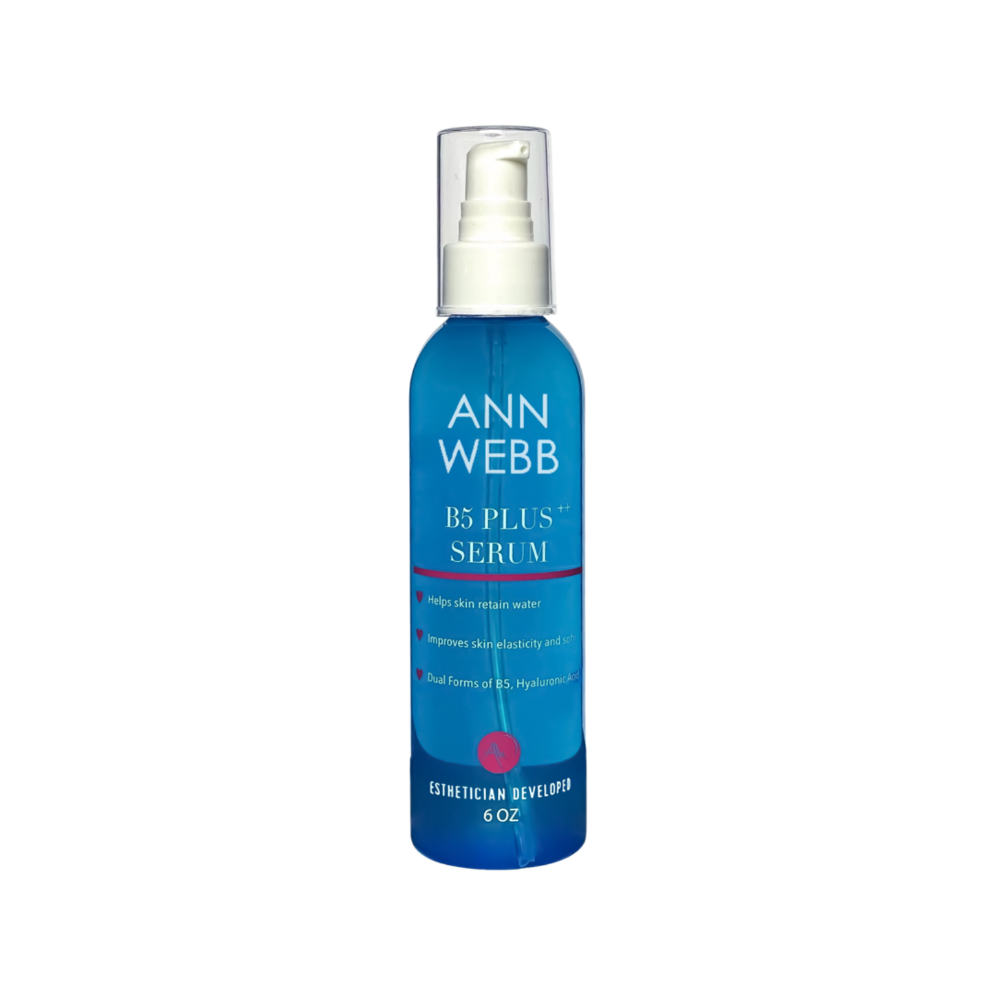 A 6 oz blue pump bottle of Ann Webb B5 Plus Serum with a clear cap, shown on a plain white background.