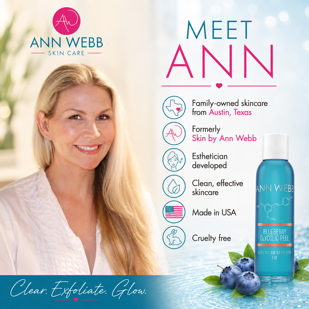 A promotional graphic for Ann Webb Skin Care featuring a smiling blonde woman on the left and a blue skincare bottle on the right, with text reading 'MEET ANN' and product details including 'Family-owned skincare from Austin, Texas' and 'Blueberry Exfoliating Peel.'.