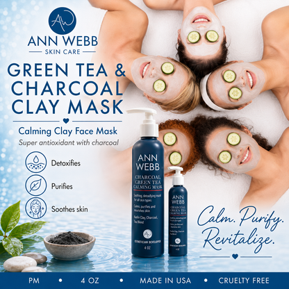 Ann Webb Skin Care Green Tea & Charcoal Clay Mask advertisement featuring two blue pump bottles, a bowl of dark powder, and three women lying down with cucumber slices on their faces, set against a water-themed background with product benefits listed on the left.