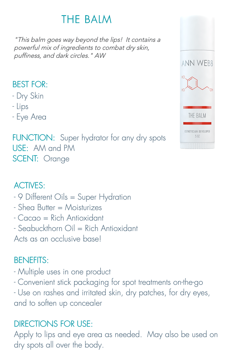 Ann Webb The Balm product information sheet showing ingredients and benefits for lips, eyes, and face