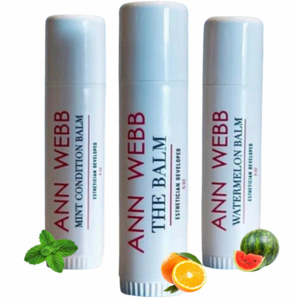 Ann Webb The Balm multi-purpose lip balm in Original, Mint, and Watermelon flavors - oversized 0.5 oz