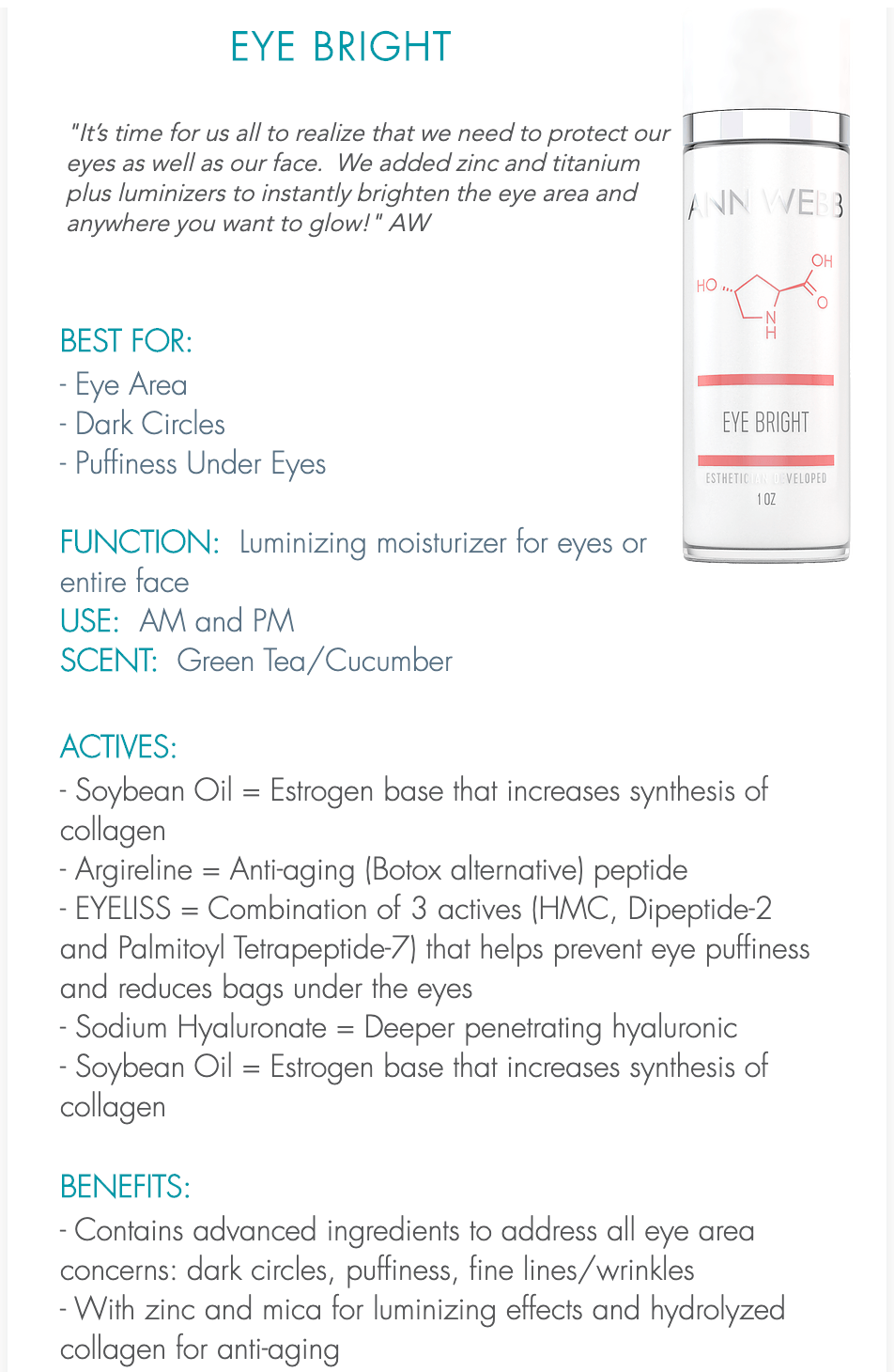 ANN WEBB Skin Products Eye Bright Cream a firming & hydrating cream w/ mica powder to give eyes a glow! Made in USA America