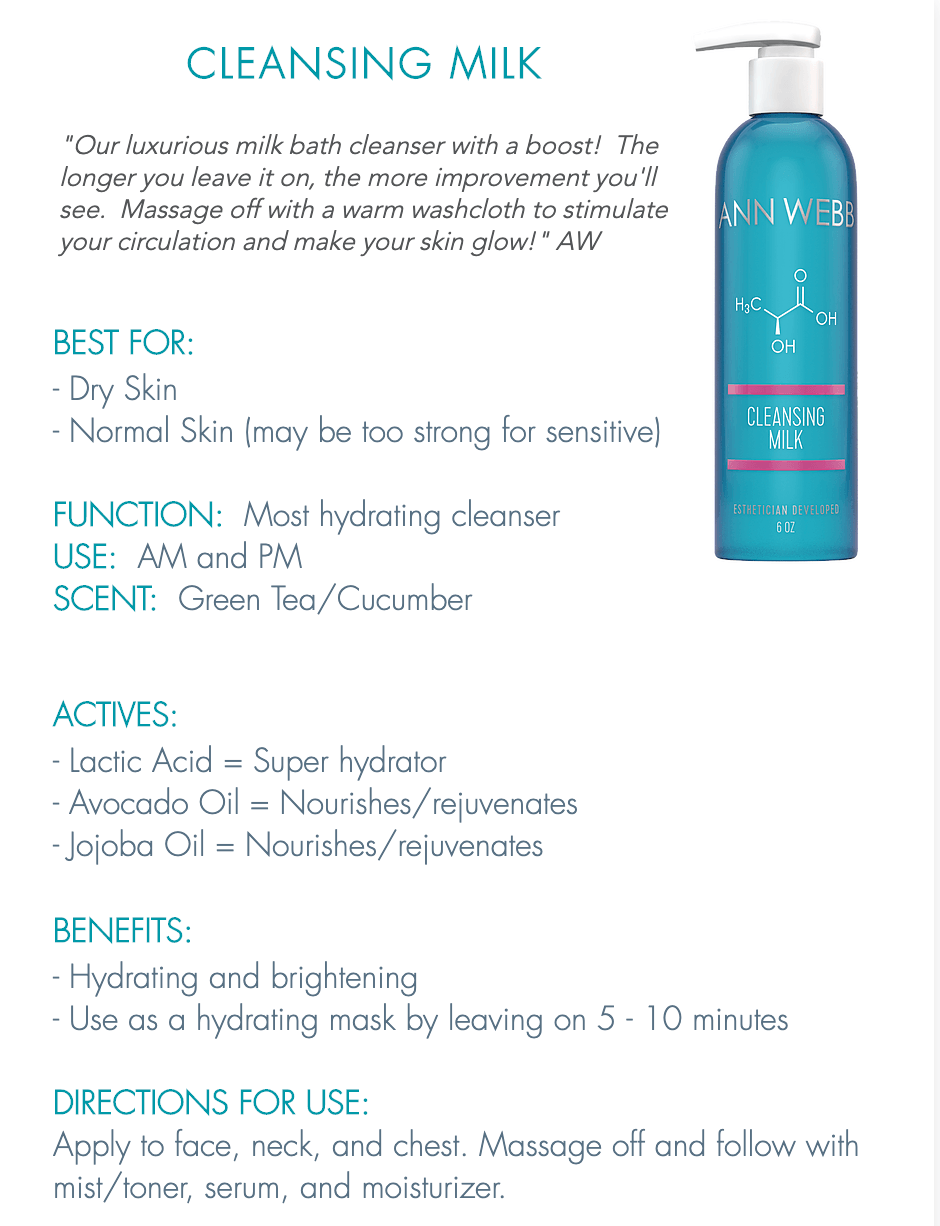 ANN WEBB Skin Products Cleansing Milk a thick, hydrating cleanser w/ lactic acid / AHA.  Hydrating face mask.  Made in USA.