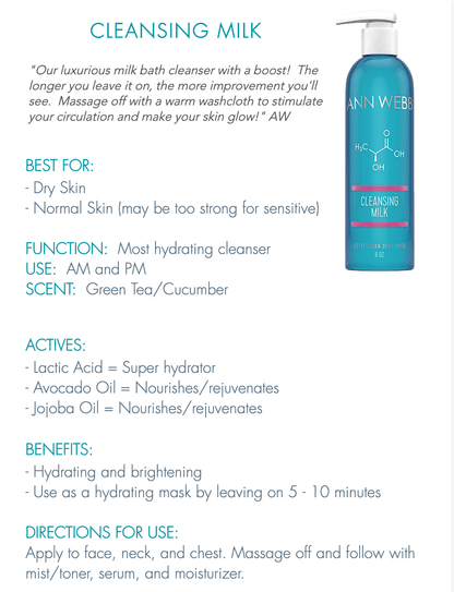 ANN WEBB Skin Products Cleansing Milk a thick, hydrating cleanser w/ lactic acid / AHA.  Hydrating face mask.  Made in USA.