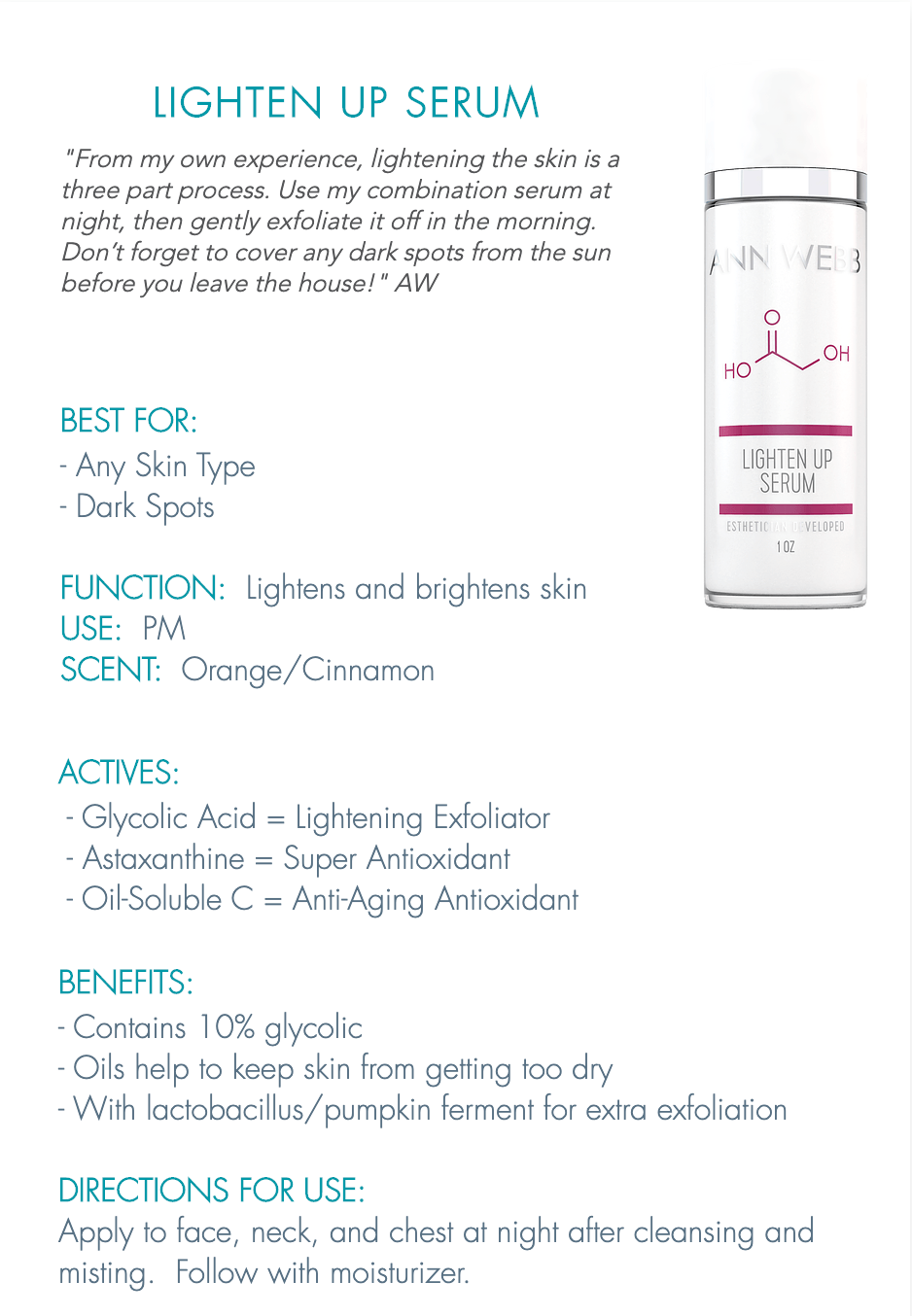 ANN WEBB Lighten Up Serum lighten & brighten Info sheet