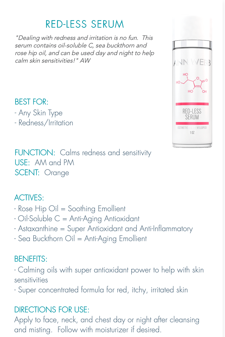 ANN WEBB Redless Relief Serum: Anti-aging serum fights rosacea, hydrates & boosts collagen.  Made in America.